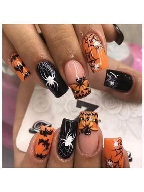 2/$10 Halloween Spider & Pumpkin False Nail Set - Orange & Black